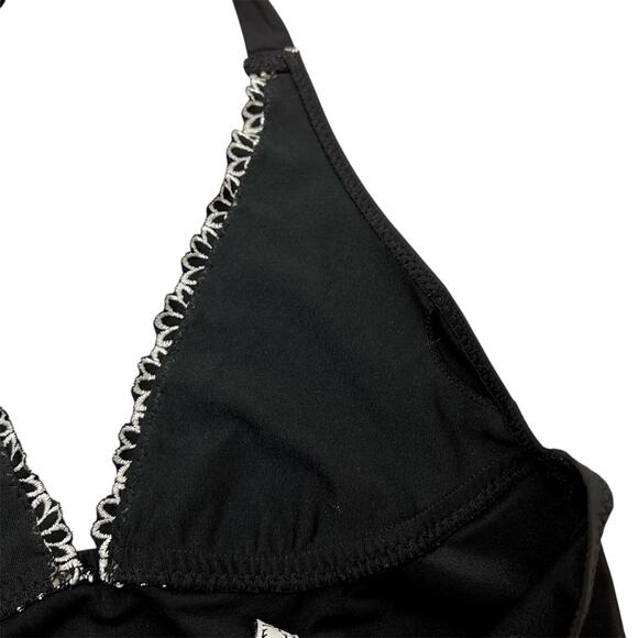 BECCA by Rebecca Virtue Black Embroidered Halter Triangle Tankini Small Y2K - Picture 3 of 4